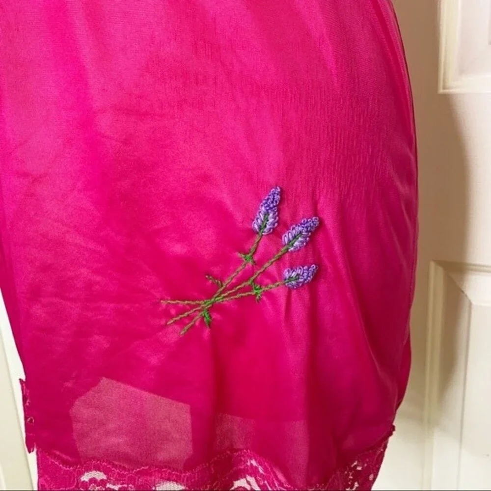 Vintage Lingerie Fuchsia Pink Barbiecore Embroidered  Slip Nightgown - Small - Picture 8 of 8